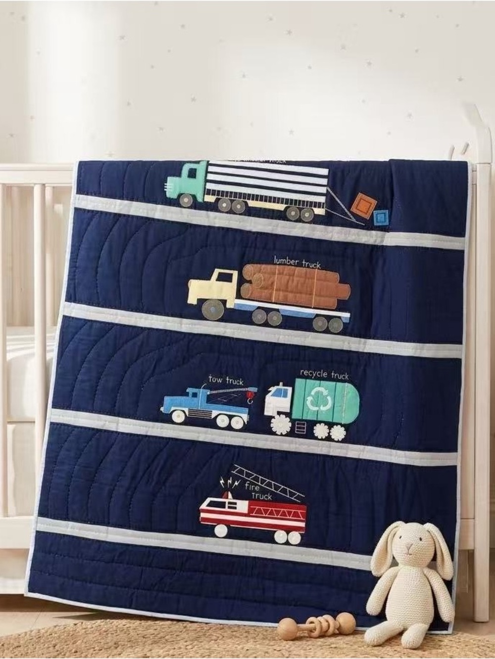 Navy Blue Kids Truck Quilt - Multi-Truck Appliqué